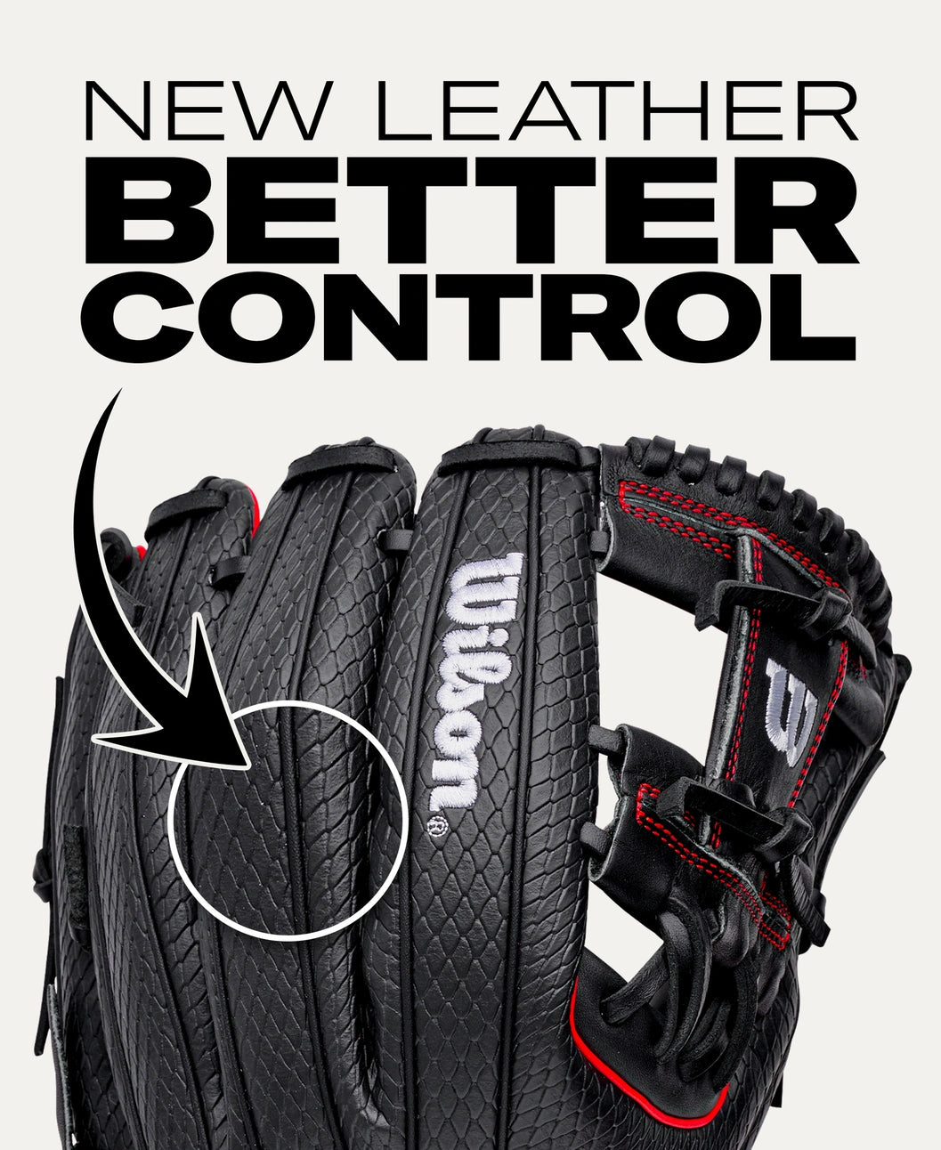 Black Wilson A1000 1975SS 11.75″ Baseball Glove with red stitching and a textured pattern, featuring text that reads NEW LEATHER BETTER CONTROL with an arrow pointing to the glove’s surface.