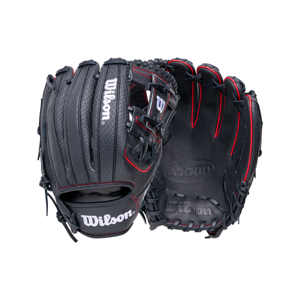 Black Wilson A1000 1975SS 11.75″ Baseball Glove with red stitching and white branding.