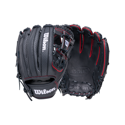 Black Wilson A1000 1975SS 11.75″ Baseball Glove with red stitching and white branding.