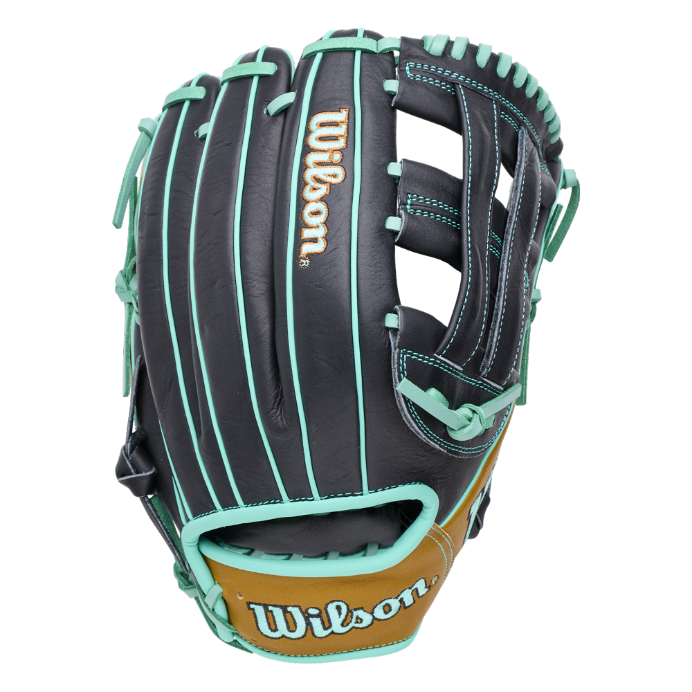 Black Wilson A1000 DW5 12″ Baseball Glove: WBG02701RTDW5 with teal lacing and stitching, and tan leather trim at the wrist.