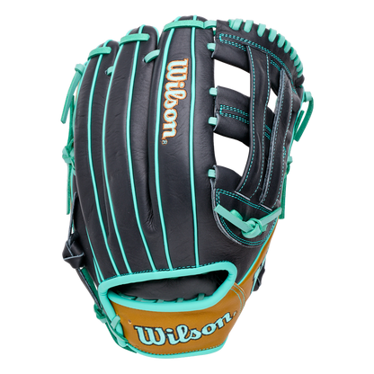 Black Wilson A1000 DW5 12″ Baseball Glove: WBG02701RTDW5 with teal lacing and stitching, and tan leather trim at the wrist.