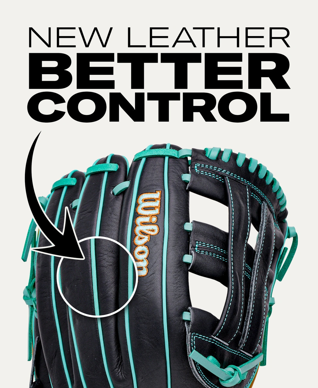 Black Wilson A1000 DW5 12″ Baseball Glove: WBG02701RTDW5 with teal lacing and text that reads NEW LEATHER BETTER CONTROL, with an arrow pointing to the glove’s surface.