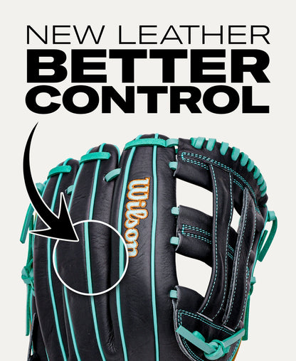Black Wilson A1000 DW5 12″ Baseball Glove: WBG02701RTDW5 with teal lacing and text that reads NEW LEATHER BETTER CONTROL, with an arrow pointing to the glove’s surface.