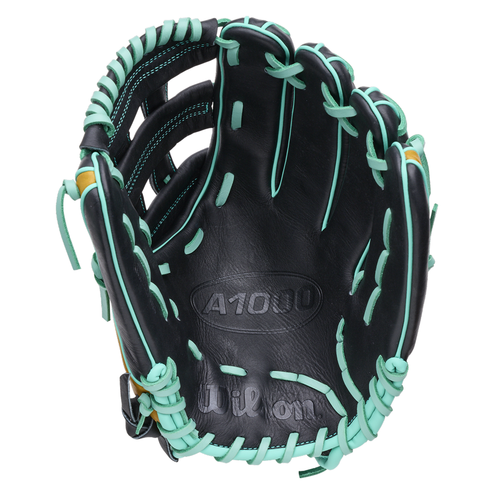 Wilson A1000 DW5 12″ Baseball Glove: WBG02701RTDW5, a black 12 inch Wilson Pro Stock glove with teal lacing.