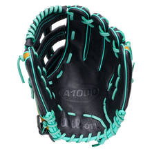 Wilson A1000 DW5 12″ Baseball Glove: WBG02701RTDW5, a black 12 inch Wilson Pro Stock glove with teal lacing.