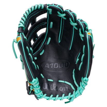 Wilson A1000 DW5 12″ Baseball Glove: WBG02701RTDW5, a black 12 inch Wilson Pro Stock glove with teal lacing.