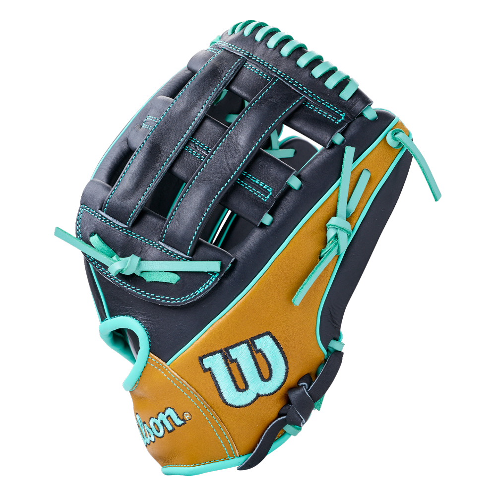 Dark blue and tan Wilson A1000 DW5 12″ Baseball Glove: WBG02701RTDW5 featuring bright teal lacing and stitching.