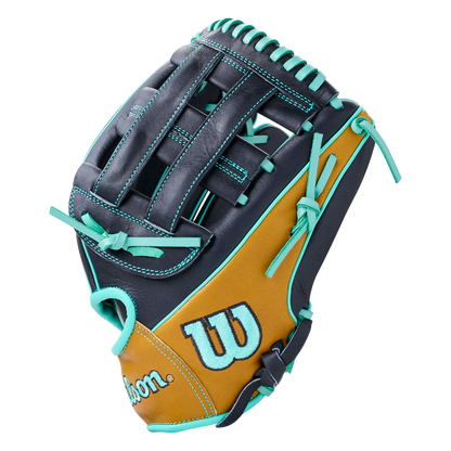 Dark blue and tan Wilson A1000 DW5 12″ Baseball Glove: WBG02701RTDW5 featuring bright teal lacing and stitching.