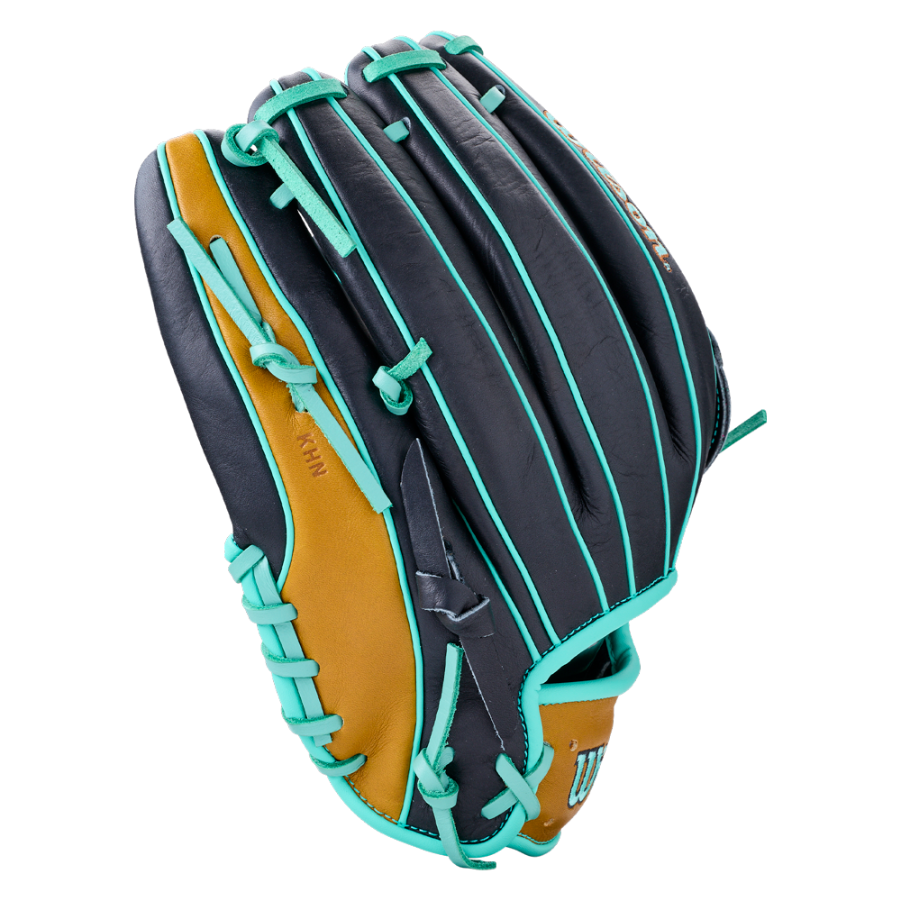 Wilson A1000 DW5 12″ Baseball Glove: WBG02701RTDW5 in dark navy blue and tan leather with bright teal laces and piping.