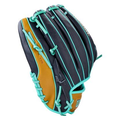 Wilson A1000 DW5 12″ Baseball Glove: WBG02701RTDW5 in dark navy blue and tan leather with bright teal laces and piping.