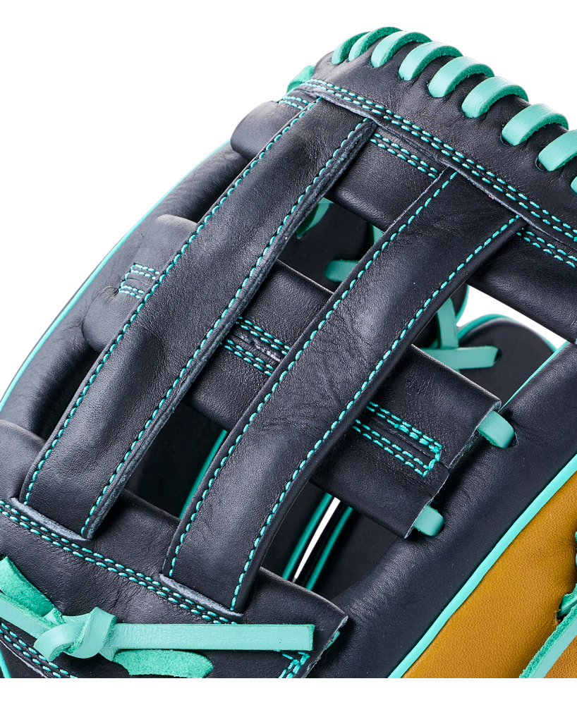 Close-up of a dark leather Wilson A1000 DW5 12″ Baseball Glove: WBG02701RTDW5 with teal lacing and stitching.