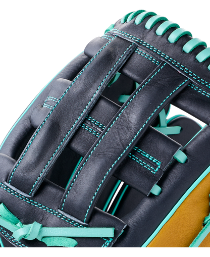 Close-up of a dark leather Wilson A1000 DW5 12″ Baseball Glove: WBG02701RTDW5 with teal lacing and stitching.
