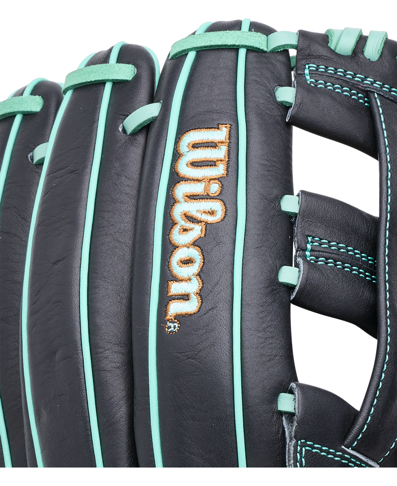 Wilson A1000 DW5 12″ Baseball Glove: WBG02701RTDW5 in black with teal lacing and stitching, featuring a gold and black logo on the side.