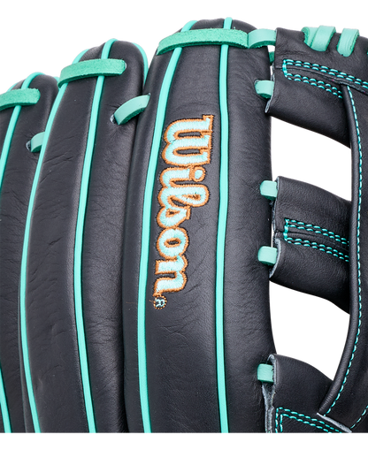 Wilson A1000 DW5 12″ Baseball Glove: WBG02701RTDW5 in black with teal lacing and stitching, featuring a gold and black logo on the side.