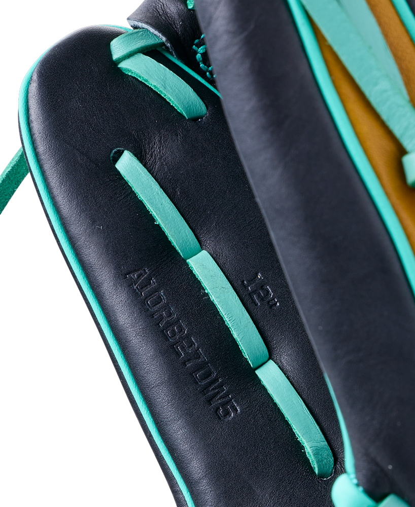 Close-up of a black Wilson A1000 DW5 12″ Baseball Glove: WBG02701RTDW5 with teal lacing and gold-colored accents.