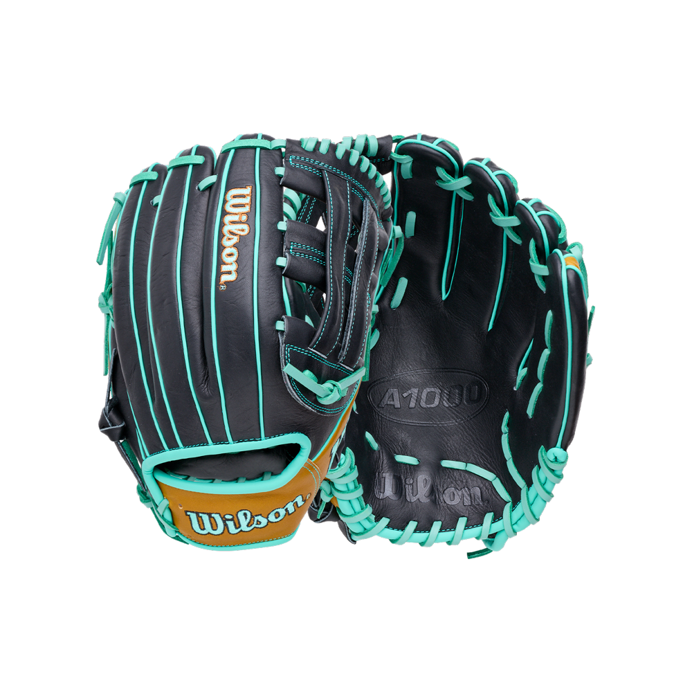 Wilson A1000 DW5 12″ Baseball Glove: WBG02701RTDW5 in black with bright teal lacing and trim.