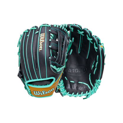 Wilson A1000 DW5 12″ Baseball Glove: WBG02701RTDW5 in black with bright teal lacing and trim.