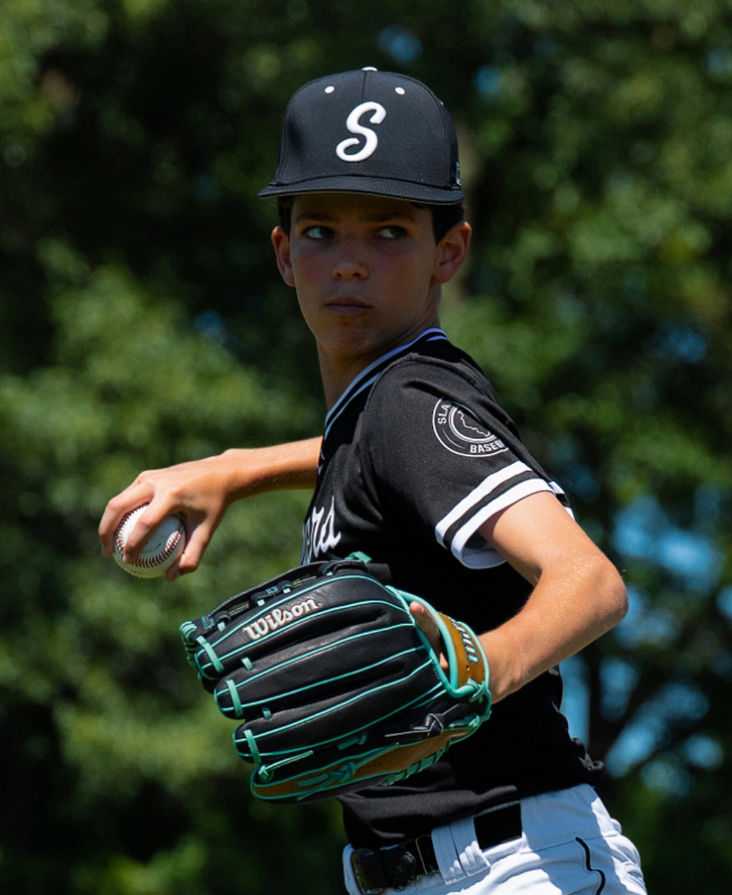 A baseball player wearing a black cap and uniform prepares to throw a ball while wearing a black and teal Wilson A1000 DW5 12″ Baseball Glove: WBG02701RTDW5.