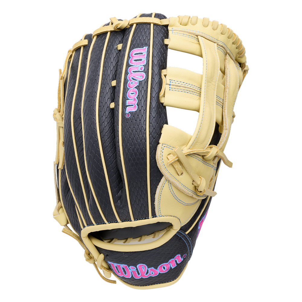 Wilson A1000 1750 12.5″ Baseball Glove: WBG02901RT1750 in black with light tan leather lacing and blue and pink embroidered logos.