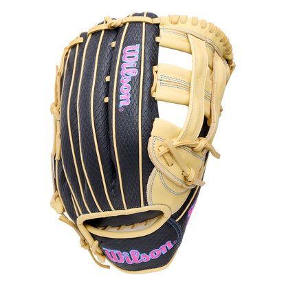 Wilson A1000 1750 12.5″ Baseball Glove: WBG02901RT1750 in black with light tan leather lacing and blue and pink embroidered logos.
