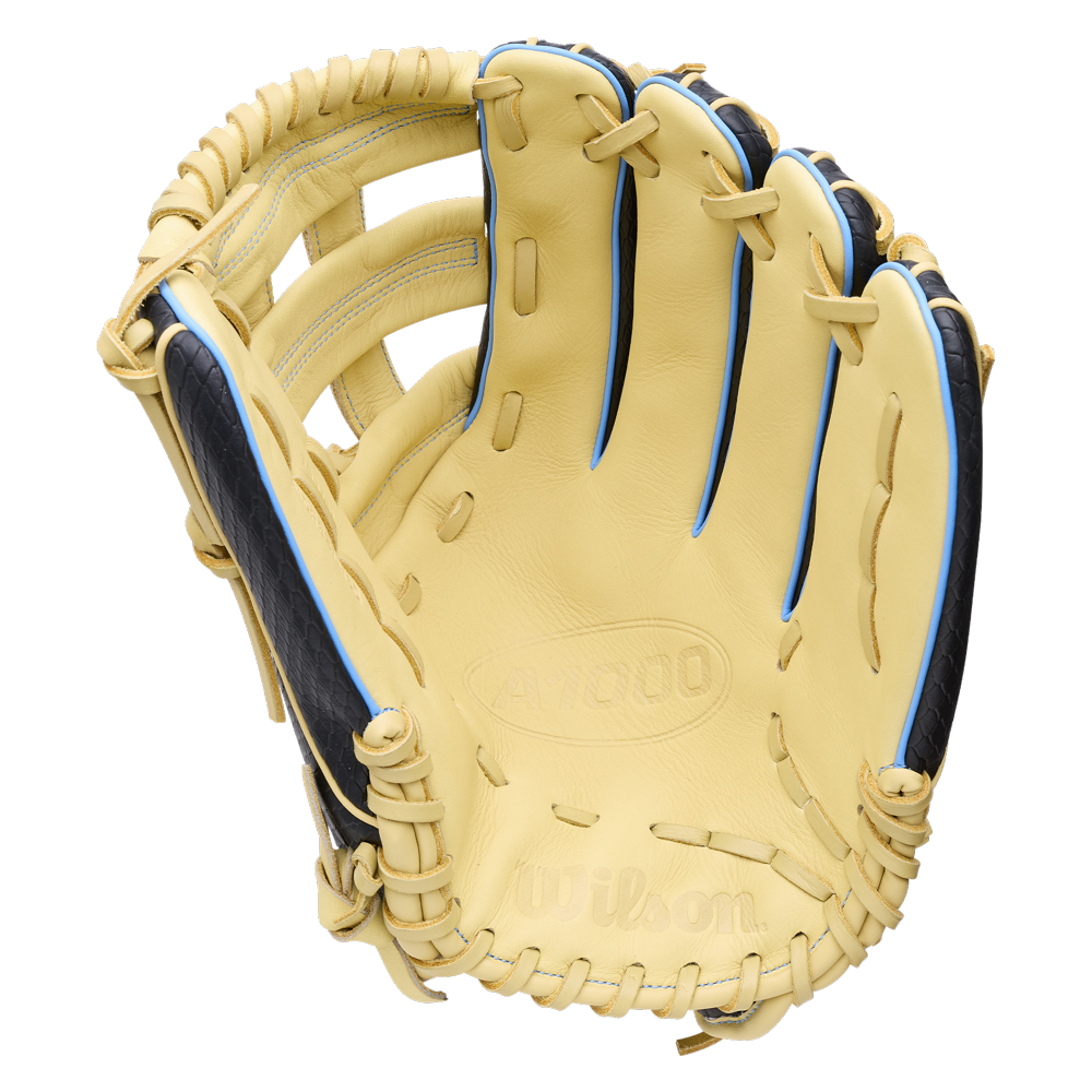 Tan and dark blue Wilson A1000 1750 12.5″ Baseball Glove: WBG02901RT1750 with light blue piping.
