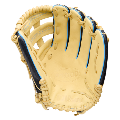 Tan and dark blue Wilson A1000 1750 12.5″ Baseball Glove: WBG02901RT1750 with light blue piping.