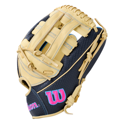 Wilson A1000 1750 12.5″ Baseball Glove with tan leather webbing and fingers, a dark blue patterned leather palm, and bright pink and blue logos.
