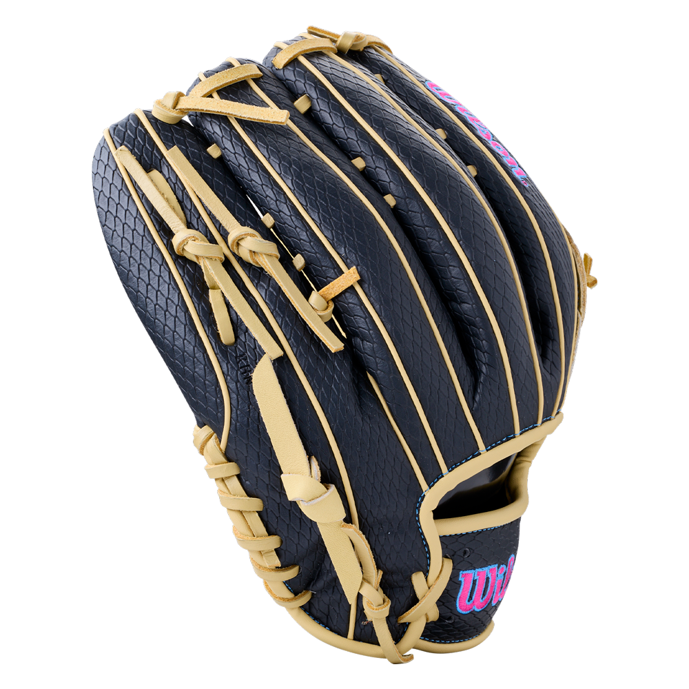 Dark navy Wilson A1000 1750 12.5″ Baseball Glove: WBG02901RT1750 with light tan laces and piping, featuring a textured snakeskin-like pattern.