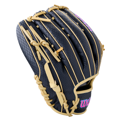 Dark navy Wilson A1000 1750 12.5″ Baseball Glove: WBG02901RT1750 with light tan laces and piping, featuring a textured snakeskin-like pattern.