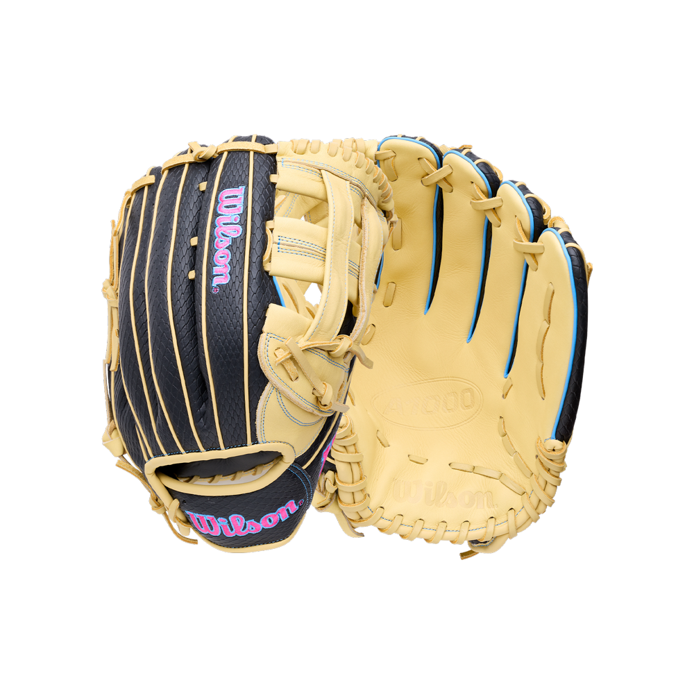 Wilson A1000 1750 12.5″ Baseball Glove featuring a black shell with light tan lacing, tan interior palm, and blue piping accents.