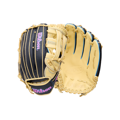 Wilson A1000 1750 12.5″ Baseball Glove featuring a black shell with light tan lacing, tan interior palm, and blue piping accents.