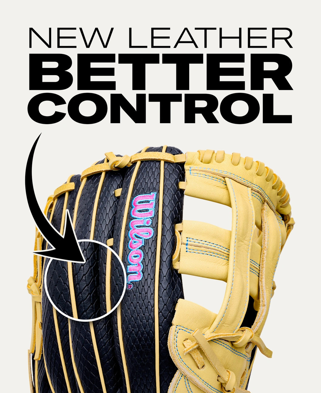 Wilson A1000 1750 12.5″ Baseball Glove with black textured leather and light tan accents, featuring an arrow pointing to the surface below the text NEW LEATHER BETTER CONTROL.