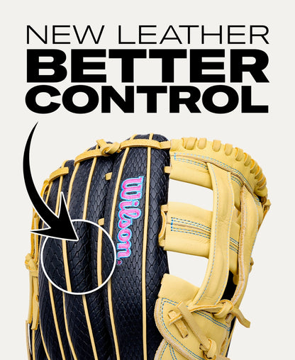 Wilson A1000 1750 12.5″ Baseball Glove with black textured leather and light tan accents, featuring an arrow pointing to the surface below the text NEW LEATHER BETTER CONTROL.