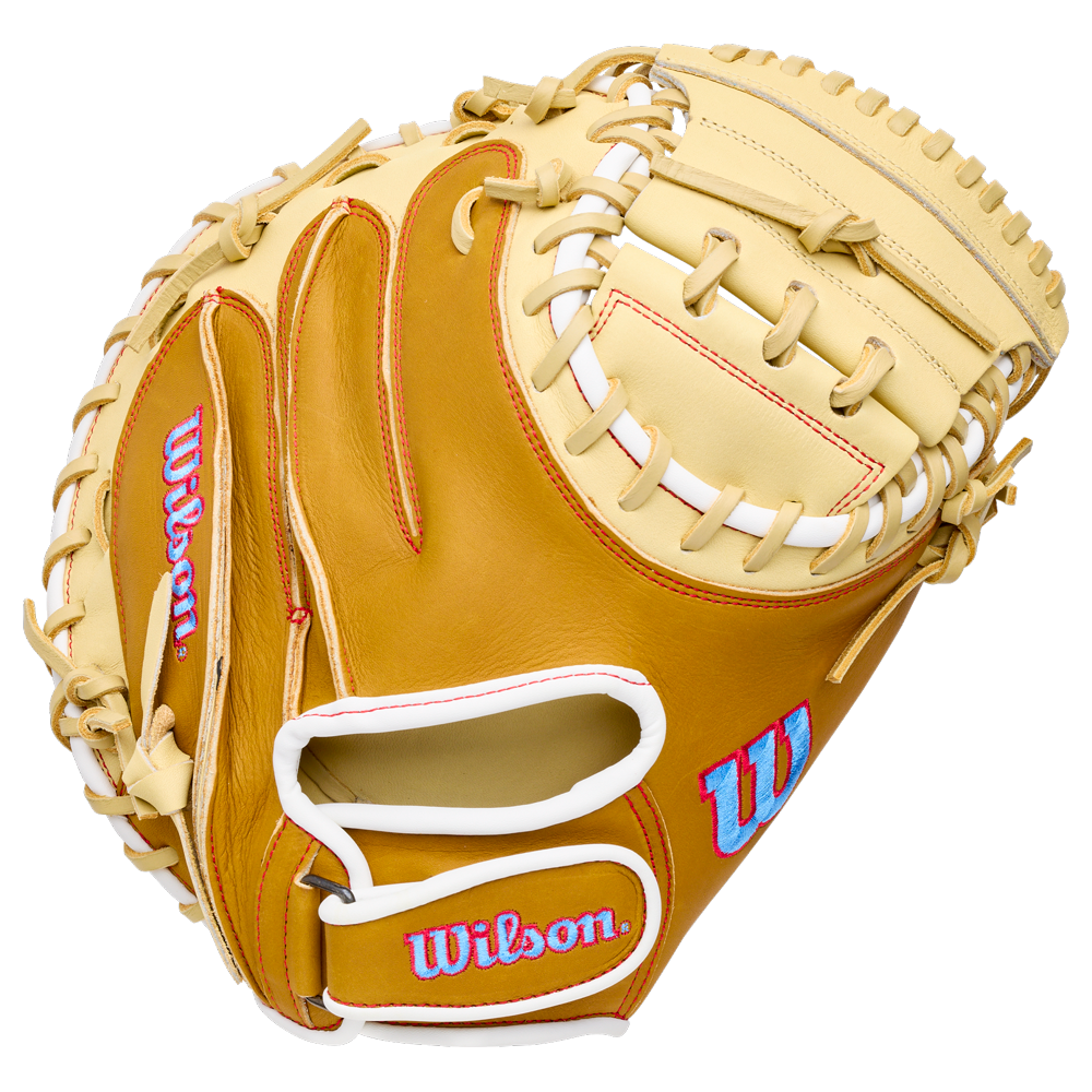 Wilson A1000 PF33 33″ Baseball Catcher’s Mitt with a tan palm and light cream-colored webbing and back.