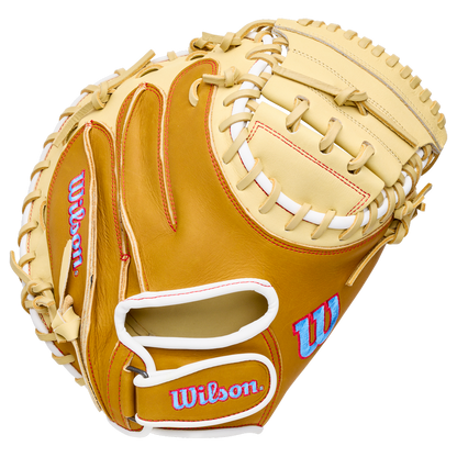 Wilson A1000 PF33 33″ Baseball Catcher’s Mitt with a tan palm and light cream-colored webbing and back.