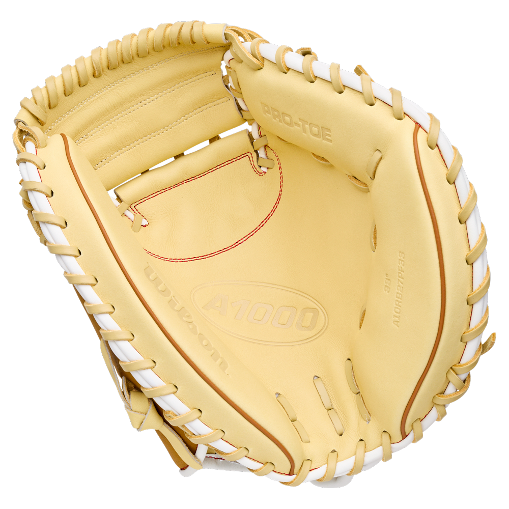 Light tan 33″ Wilson A1000 PF33 33″ Baseball Catcher’s Mitt: WBG03001RTPF33 with white lacing.