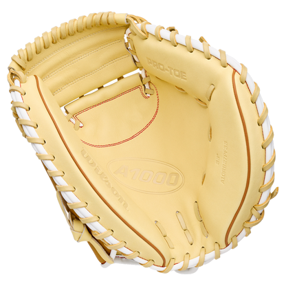 Light tan 33″ Wilson A1000 PF33 33″ Baseball Catcher’s Mitt: WBG03001RTPF33 with white lacing.