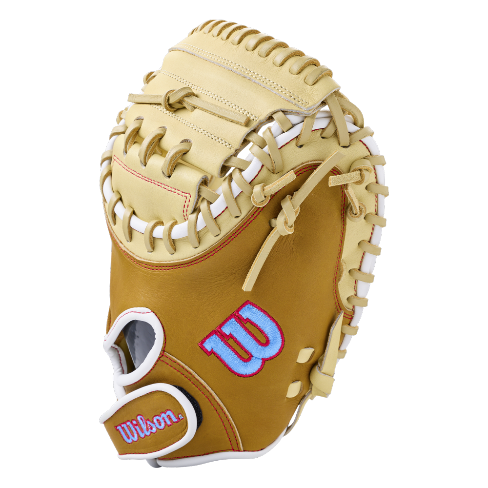 Wilson A1000 PF33 33″ Baseball Catcher’s Mitt in tan, featuring a deep pocket, webbed lacing, and blue and pink logo embroidery.