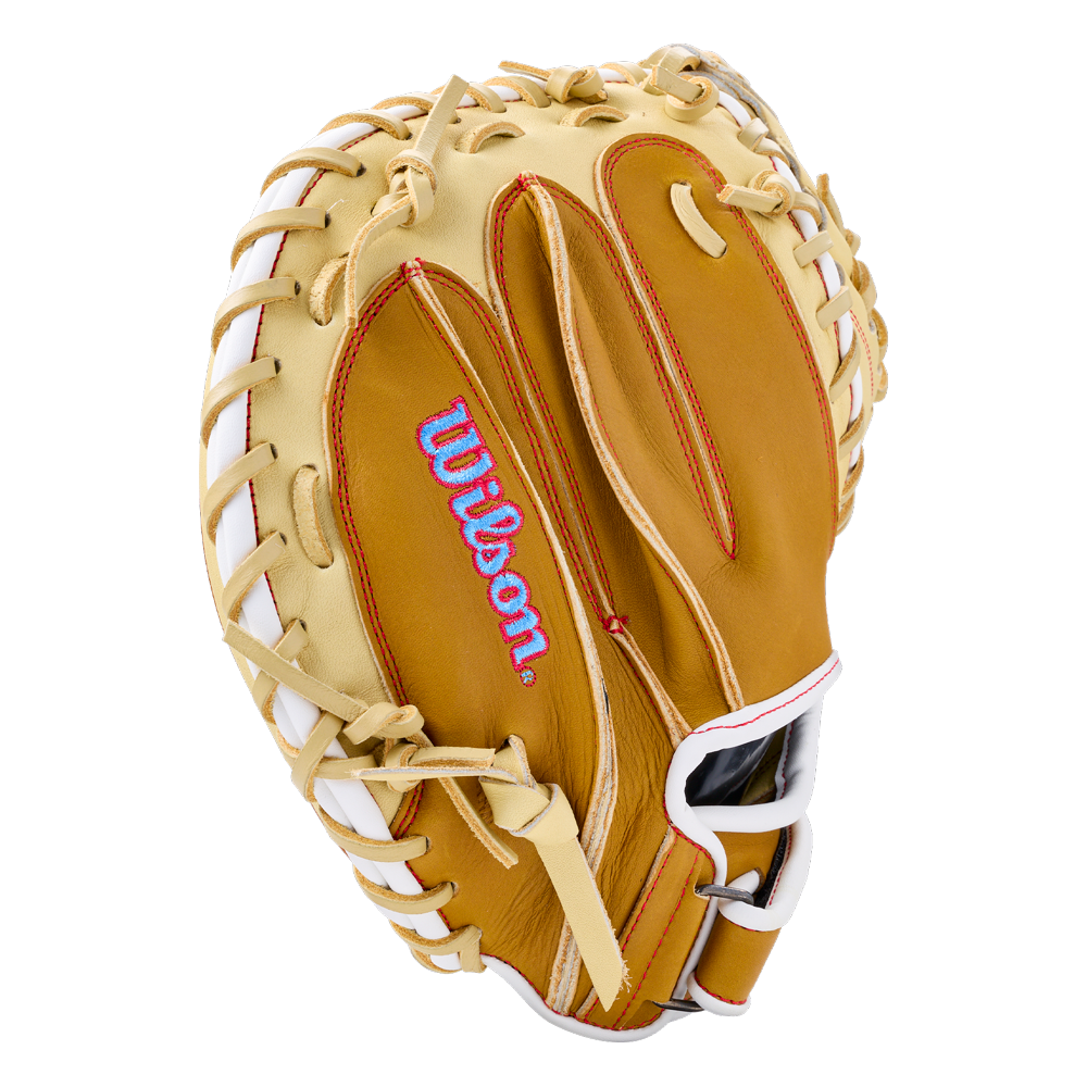 Wilson A1000 PF33 33″ Baseball Catcher’s Mitt: WBG03001RTPF33 in tan and light-brown leather with white lacing and a blue and pink logo on the palm.