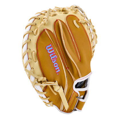 Wilson A1000 PF33 33″ Baseball Catcher’s Mitt: WBG03001RTPF33 in tan and light-brown leather with white lacing and a blue and pink logo on the palm.