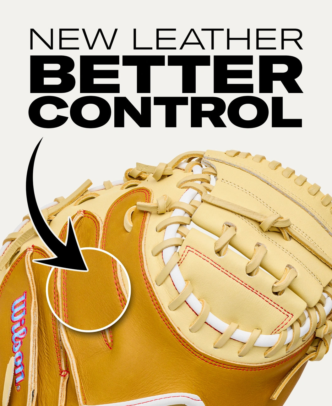 Tan Wilson A1000 PF33 33″ Baseball Catcher’s Mitt with red stitching and a white lace web, featuring a graphic arrow pointing to the leather palm with the text NEW LEATHER BETTER CONTROL above.