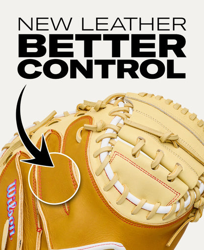 Tan Wilson A1000 PF33 33″ Baseball Catcher’s Mitt with red stitching and a white lace web, featuring a graphic arrow pointing to the leather palm with the text NEW LEATHER BETTER CONTROL above.