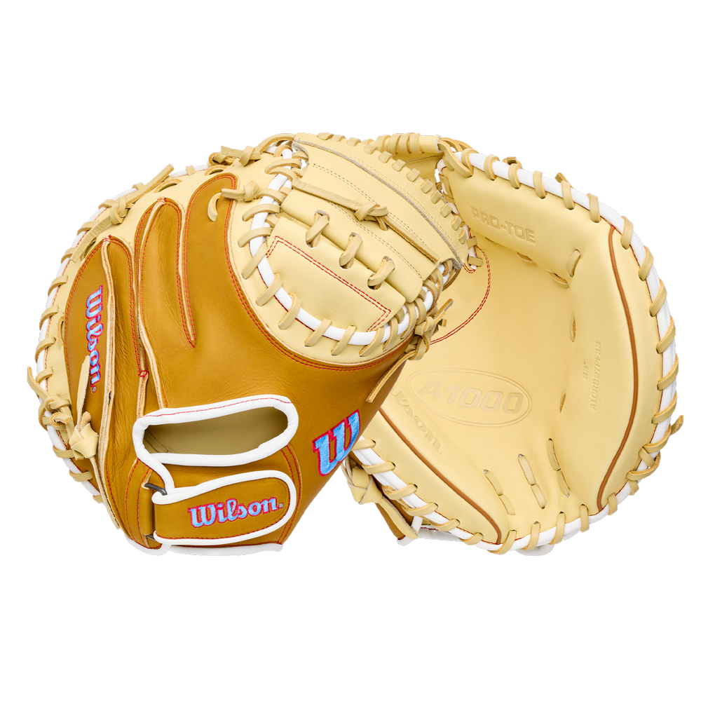 Wilson A1000 PF33 33″ Baseball Catcher’s Mitt in tan and cream leather with white lacing.