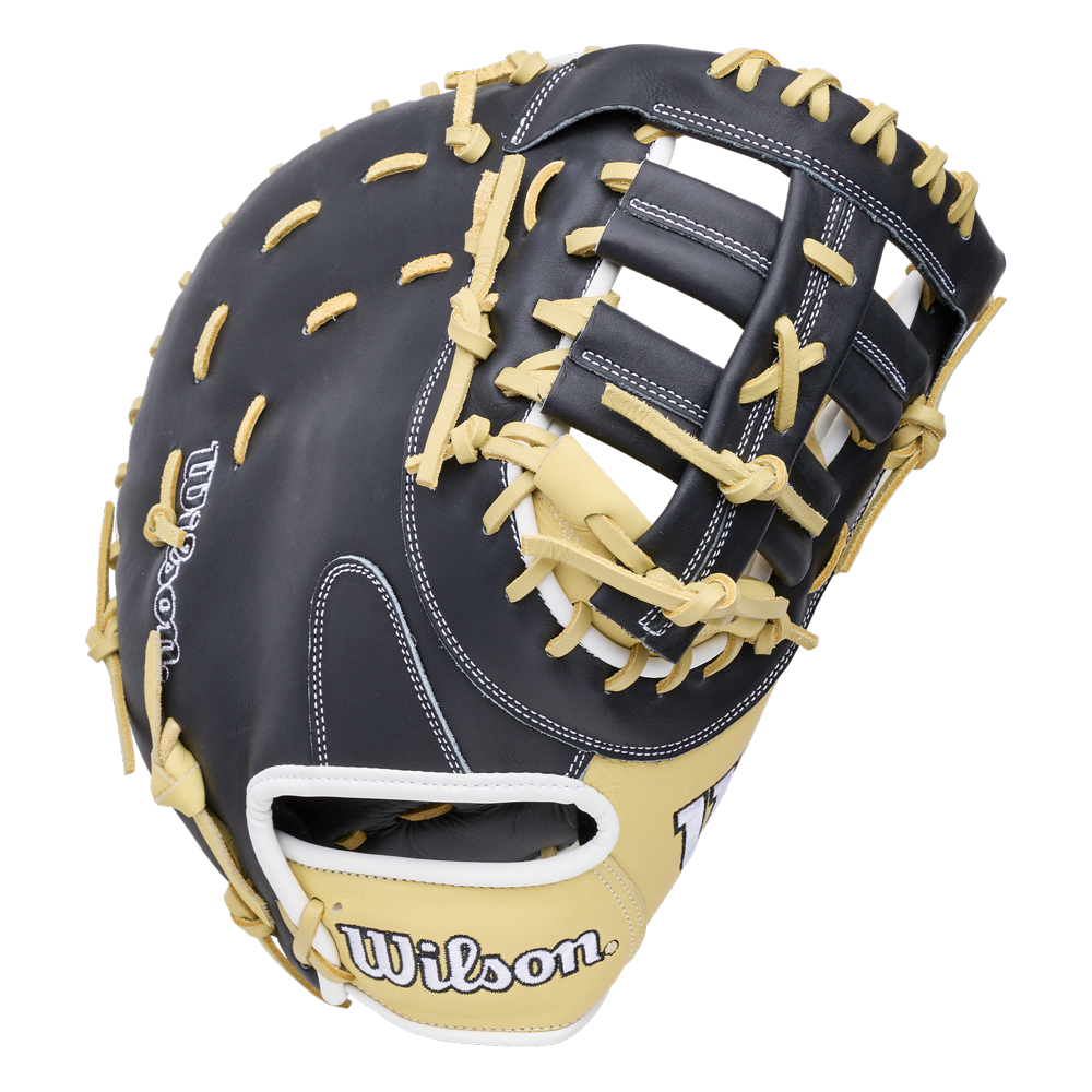 A 12.5″ black and tan Wilson A1000 PF1612 12″ Baseball First Base Mitt: WBG03101RT12 crafted from full grain leather with light-colored lacing.