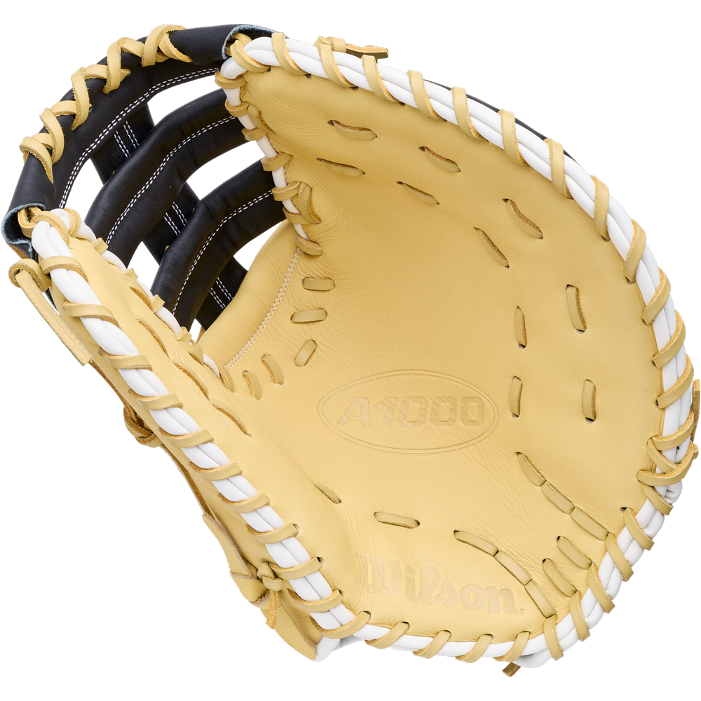 Wilson A1000 PF1612 12″ Baseball First Base Mitt in tan and black leather with white lacing.