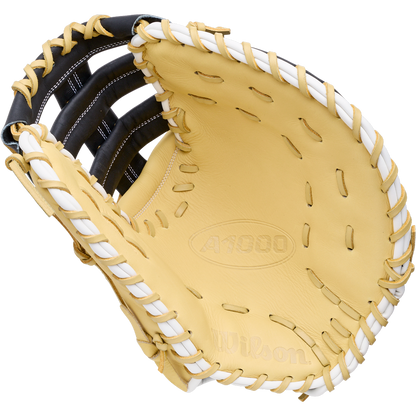 Wilson A1000 PF1612 12″ Baseball First Base Mitt in tan and black leather with white lacing.