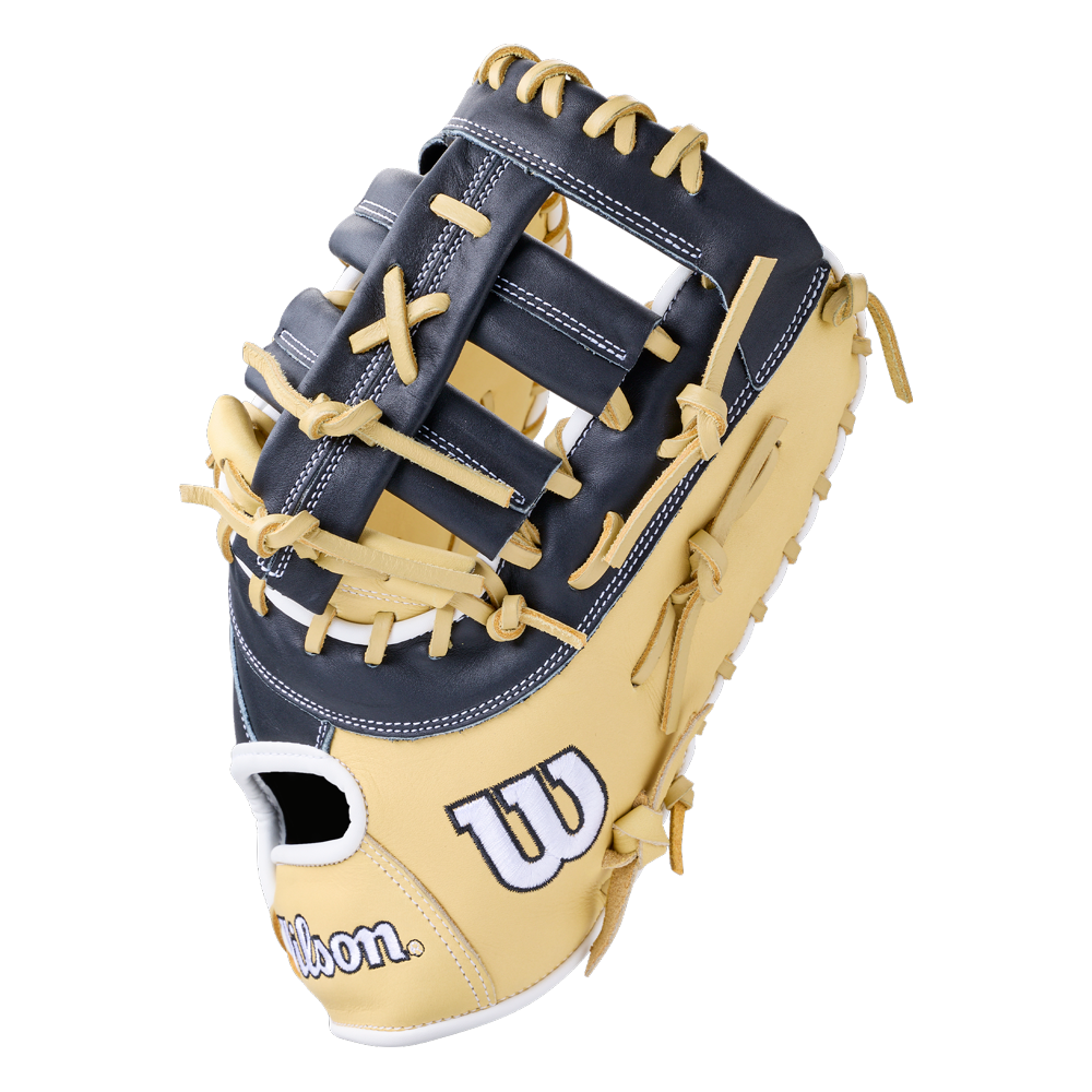 Wilson A1000 PF1612 12″ Baseball First Base Mitt in navy blue and tan full grain leather with cream-colored lacing.