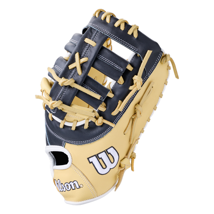 Wilson A1000 PF1612 12″ Baseball First Base Mitt in navy blue and tan full grain leather with cream-colored lacing.