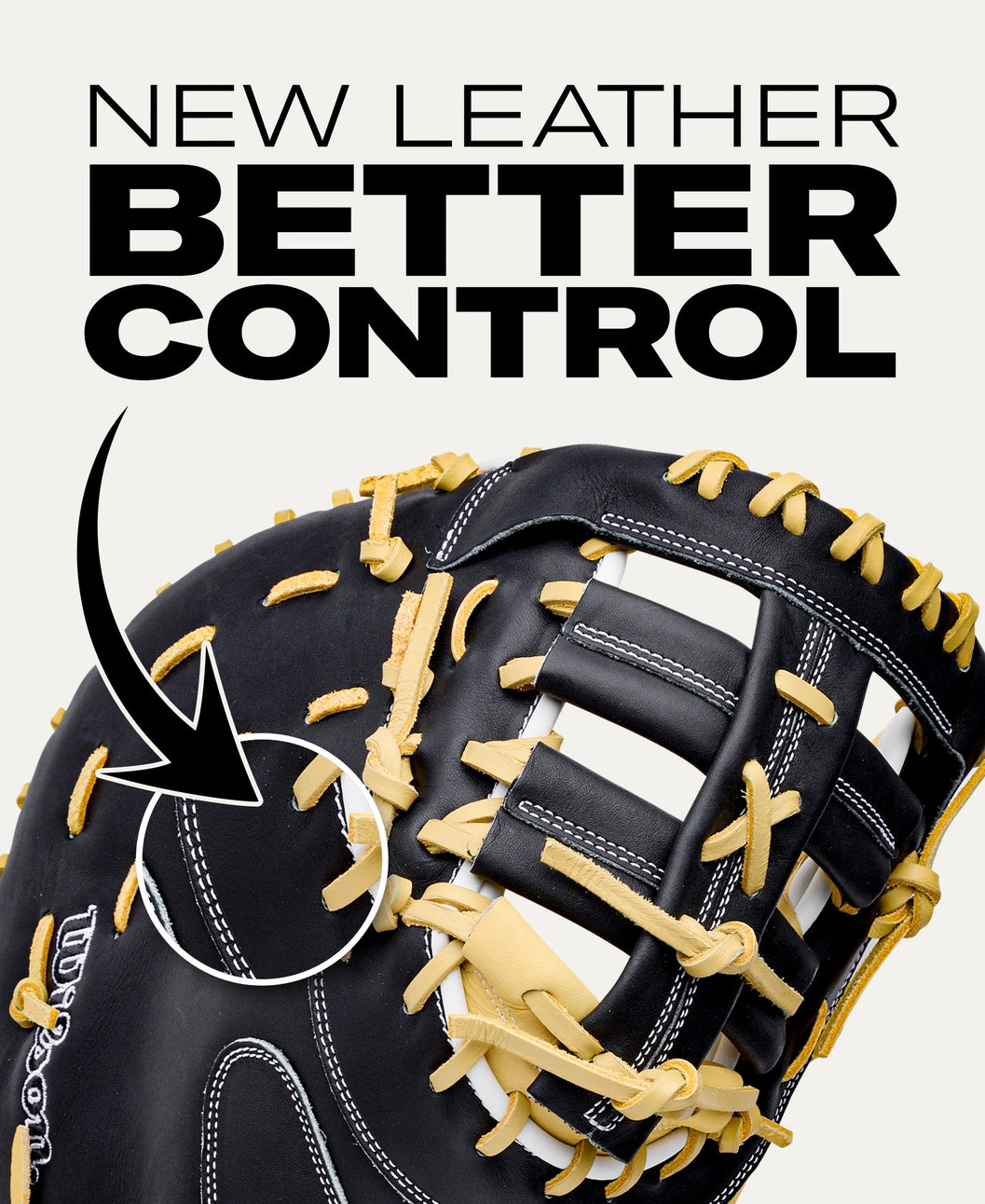 Wilson A1000 PF1612 12″ Baseball First Base Mitt in black with yellow laces, featuring an arrow pointing to the full grain leather and the text NEW LEATHER BETTER CONTROL above.