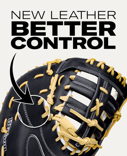 Wilson A1000 PF1612 12″ Baseball First Base Mitt in black with yellow laces, featuring an arrow pointing to the full grain leather and the text NEW LEATHER BETTER CONTROL above.